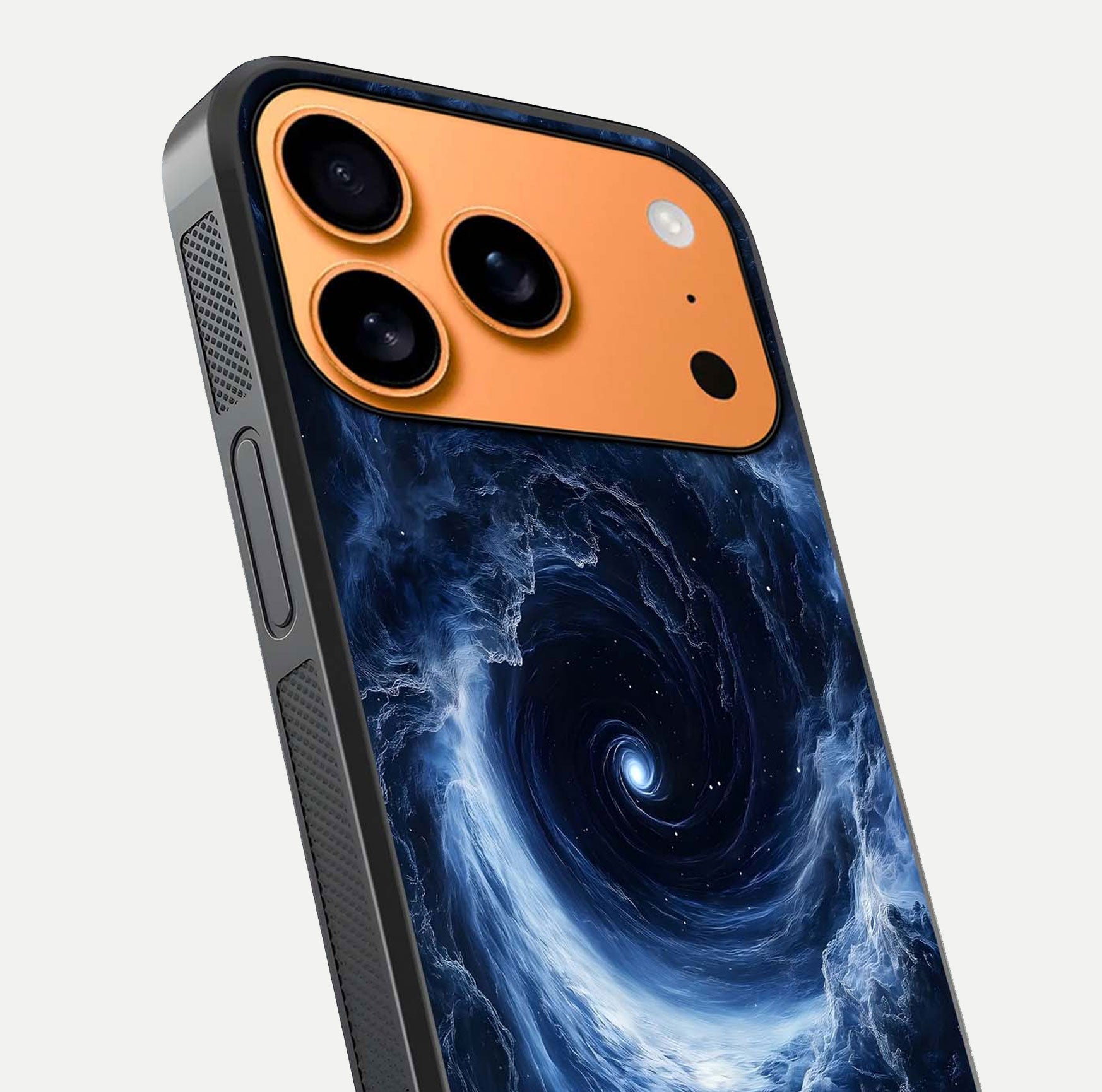 Stunning Galaxy Glass Case for iPhone 17 Pro Max close-up angled shot highlighting nebula tones and HD reflection