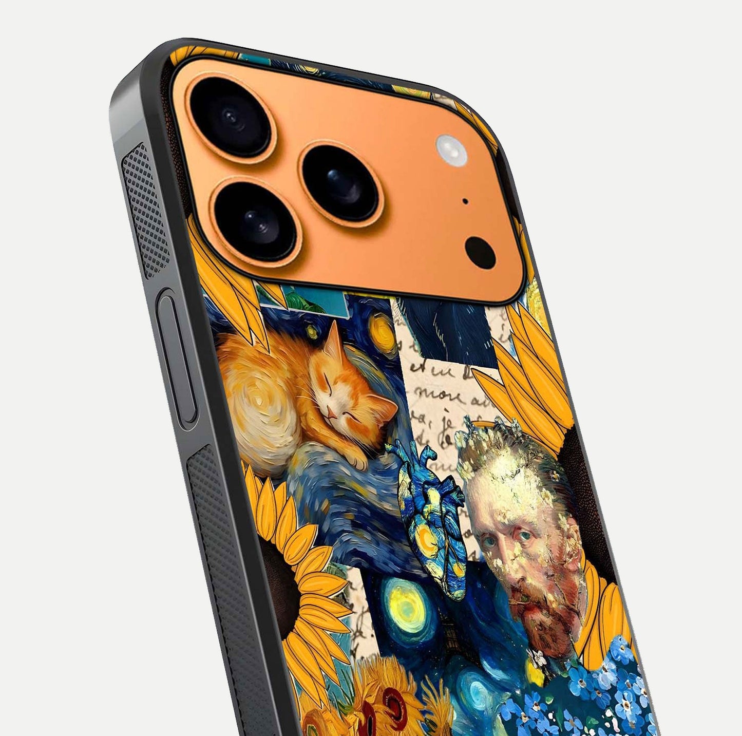 Sunflower Cat Art Glass Case for iPhone 17 Pro Max close-up angled shot highlighting yellow tones and art reflection