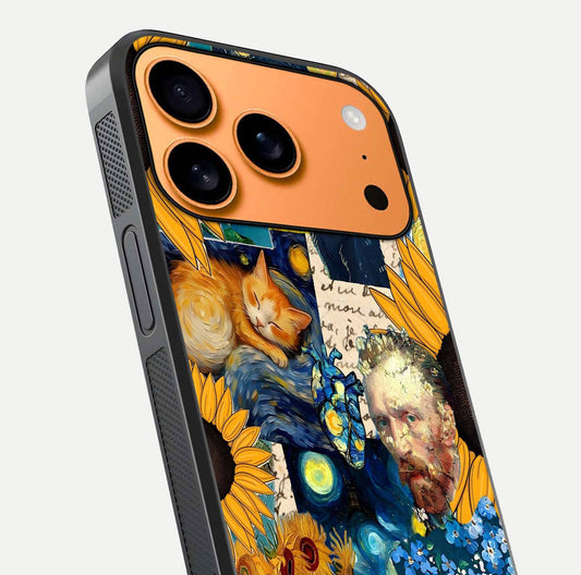 Sunflower Cat Art Glass Case for iPhone 17 Pro Max close-up angled shot highlighting yellow tones and art reflection