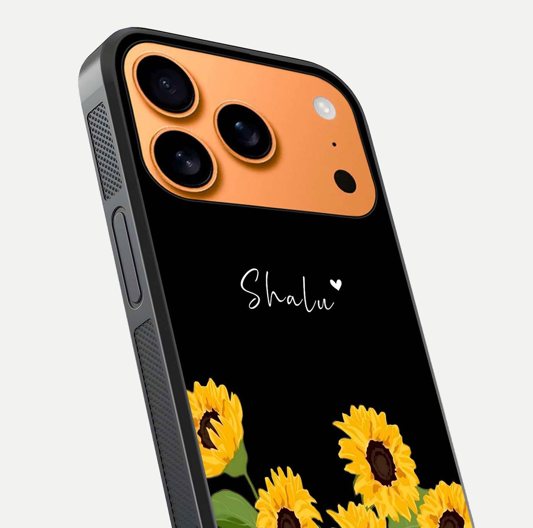 Sunflower Chic Mood Custom Name Glass Case for iPhone 17 Pro Max close-up angled shot showing HD sunflower pattern