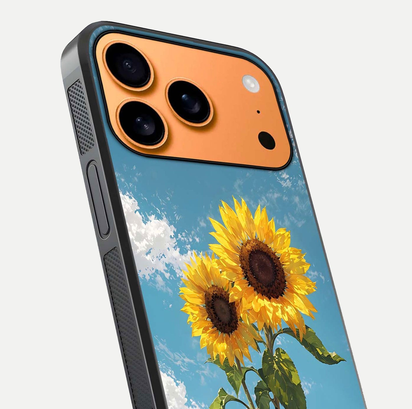 Sunflower Sky Bloom Glass Case for iPhone 17 Pro Max close-up angled shot highlighting petal details and reflection