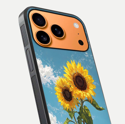 Sunflower Sky Bloom Glass Case for iPhone 17 Pro Max close-up angled shot highlighting petal details and reflection