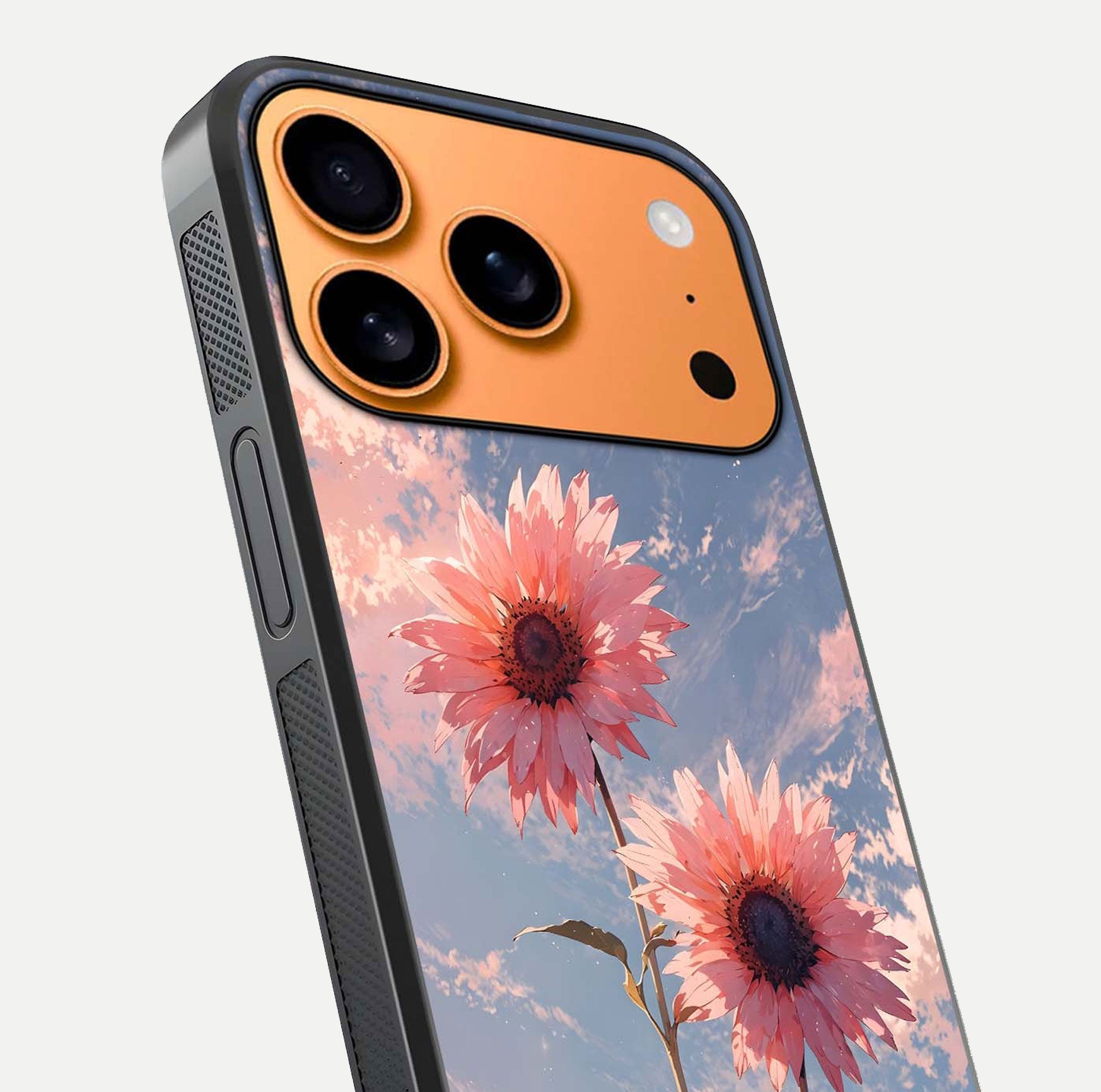 Sunlit Daisy Glow Glass Case for iPhone 17 Pro Max close-up angled shot highlighting petal texture and reflection