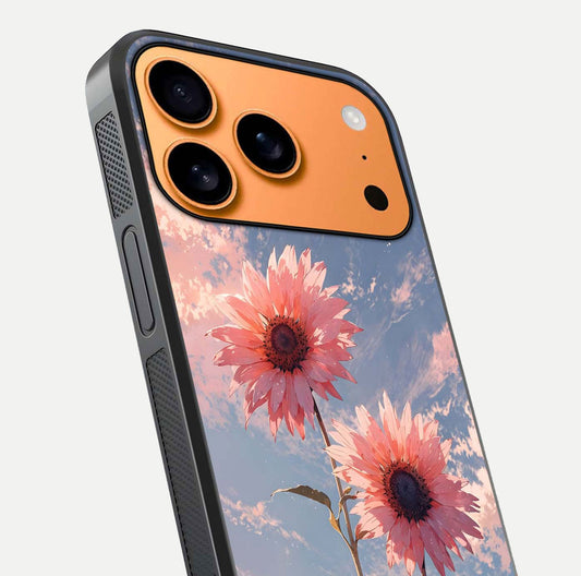 Sunlit Daisy Glow Glass Case for iPhone 17 Pro Max close-up angled shot highlighting petal texture and reflection