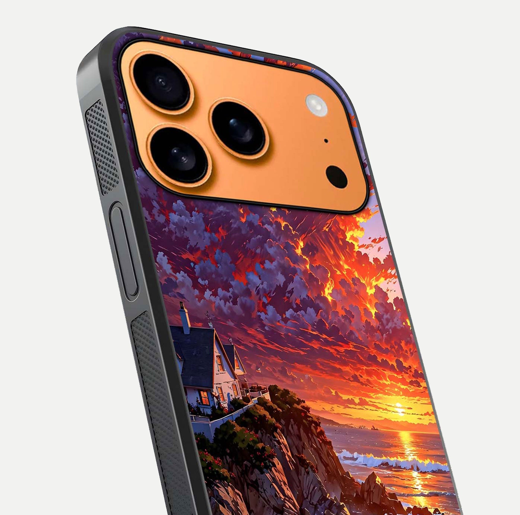 Sunset House by Sea Glass Case for iPhone 17 Pro Max close-up angled shot highlighting sunset tones and water glow