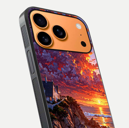 Sunset House by Sea Glass Case for iPhone 17 Pro Max close-up angled shot highlighting sunset tones and water glow
