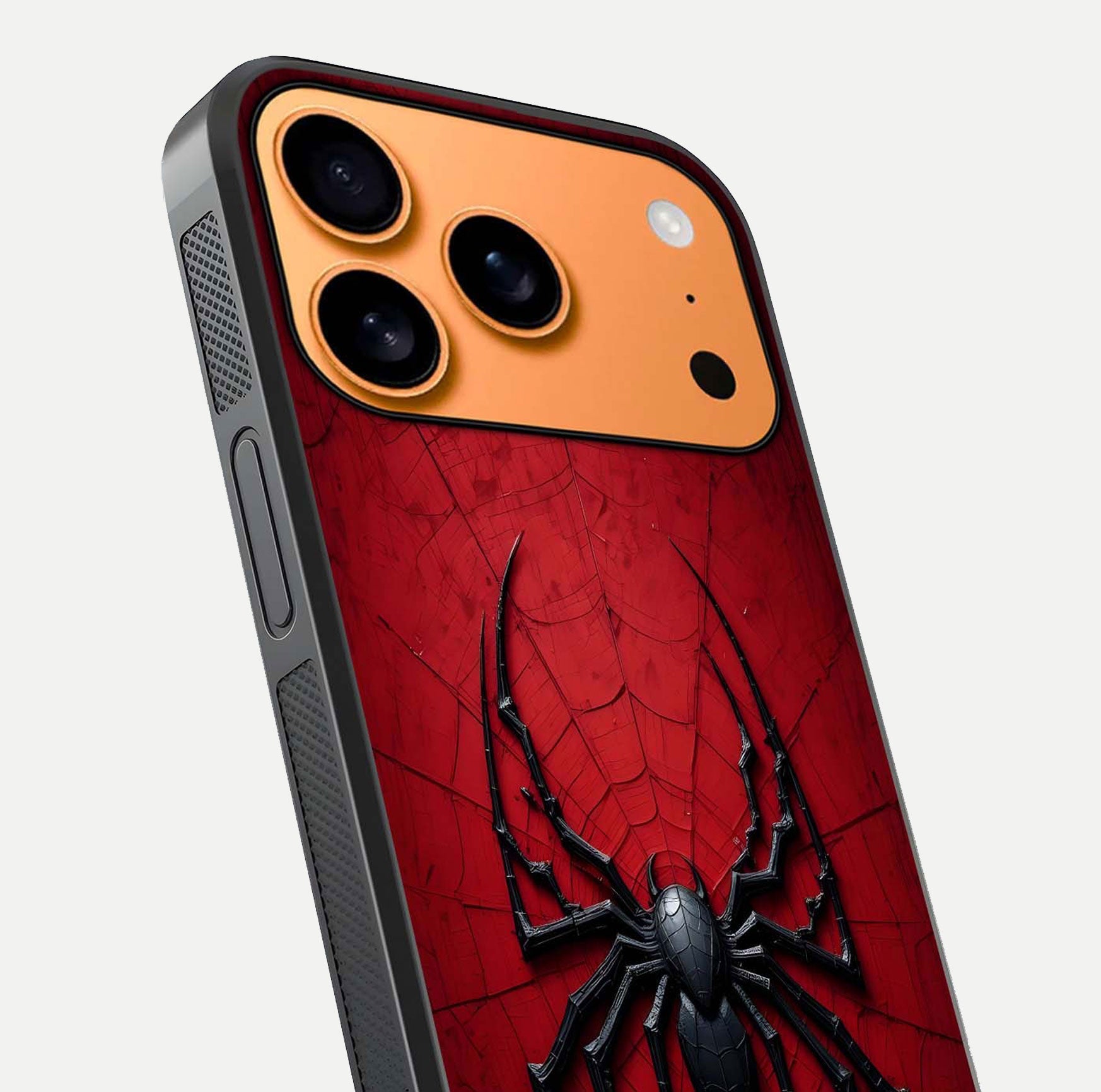 Venom Web Emblem Glass Case for iPhone 17 Pro Max close-up angled shot highlighting sharp logo lines and reflection