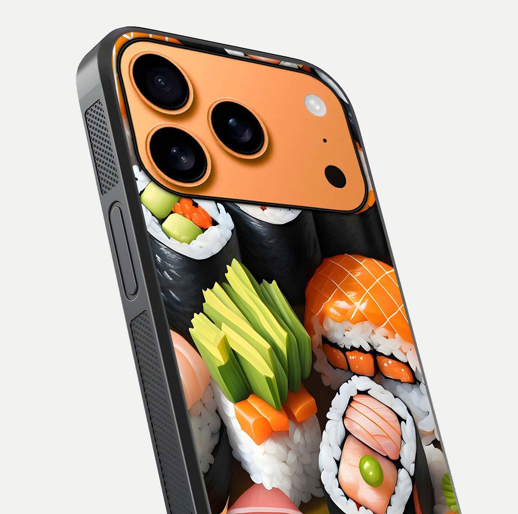 Sushi Food Pattern Glass Case for iPhone 17 Pro Max close-up angled shot highlighting colorful sushi prints and reflection