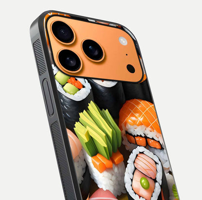 Sushi Food Pattern Glass Case for iPhone 17 Pro Max close-up angled shot highlighting colorful sushi prints and reflection