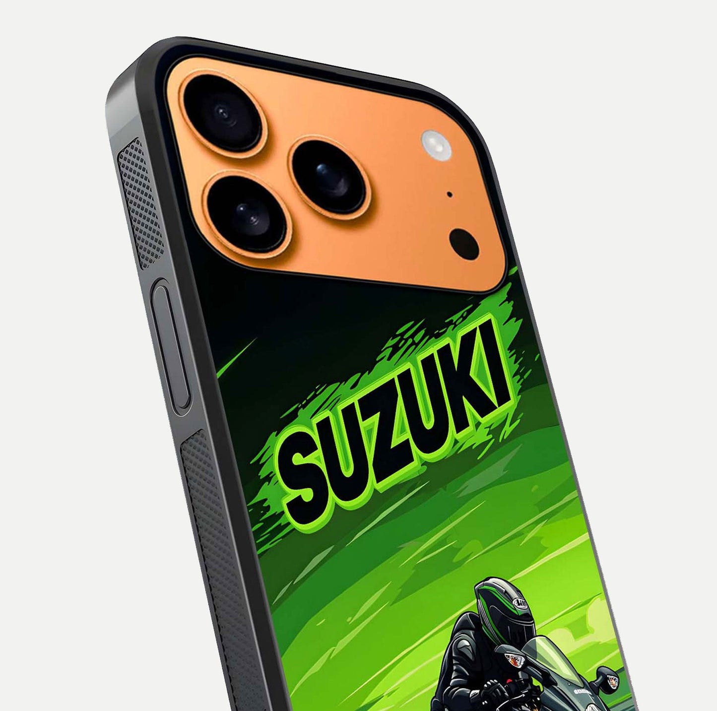 Suzuki Speed Beast Glass Case for iPhone 17 Pro Max close-up angled shot highlighting bold tones and reflection