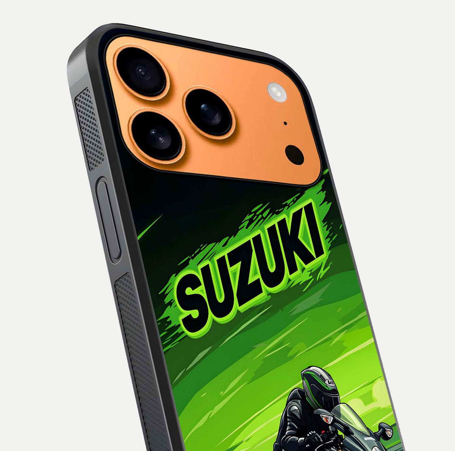 Suzuki Speed Beast Glass Case for iPhone 17 Pro Max close-up angled shot highlighting bold tones and reflection