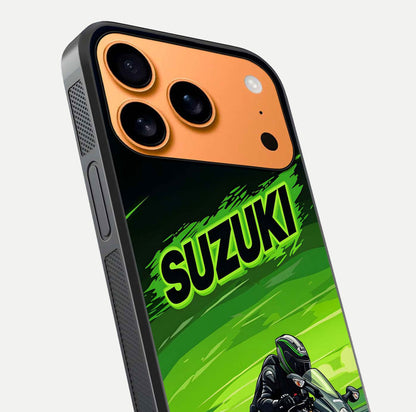 Suzuki Speed Beast Glass Case for iPhone 17 Pro Max close-up angled shot highlighting bold tones and reflection