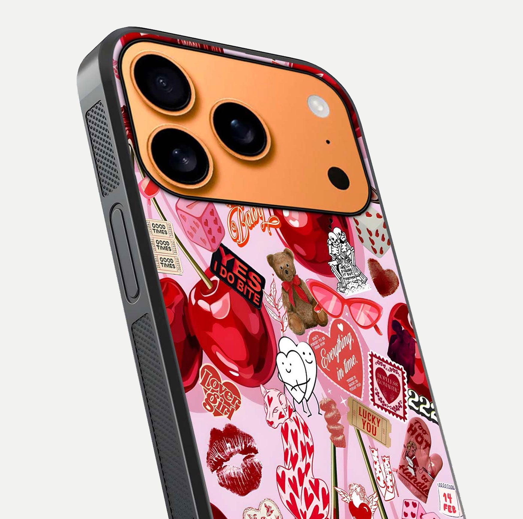 Sweet Cherry Chaos Glass Case for iPhone 17 Pro Max close-up angled shot highlighting red tone contrast and reflection