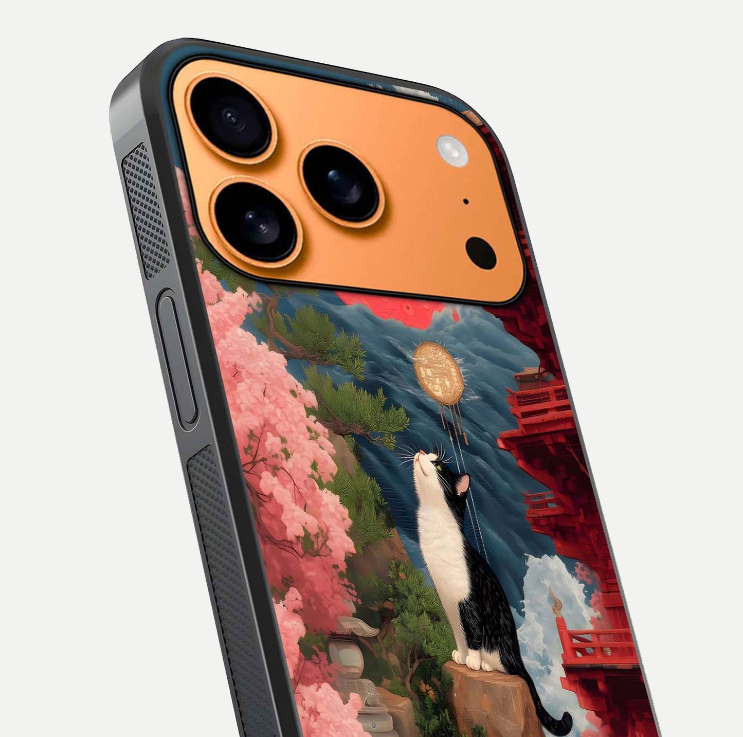 Temple Cat Scenery Glass Case for iPhone 17 Pro Max close-up angled shot highlighting texture and reflection