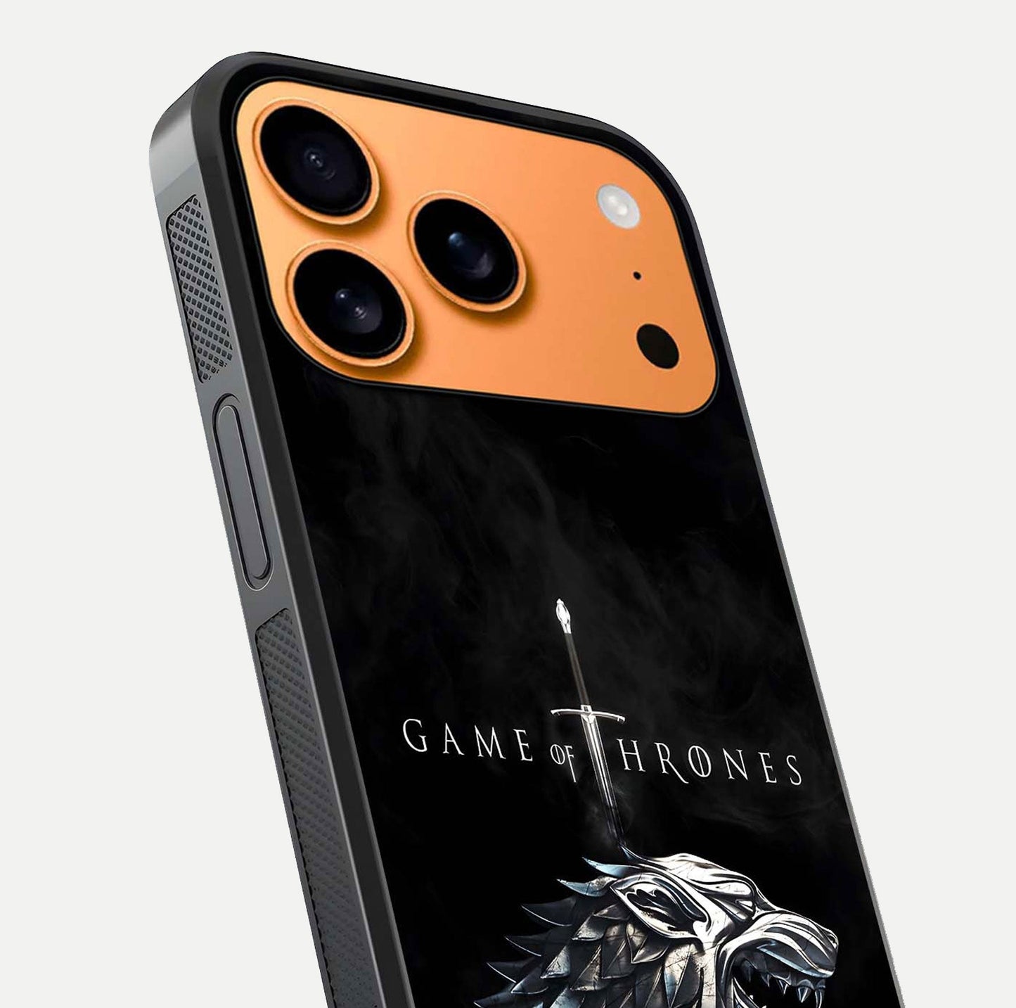 Throne Wolf Legacy Glass Case for iPhone 17 Pro Max close-up angled shot highlighting fur texture and reflection