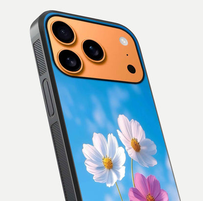 Triple Flowers With Sky Glass Case for iPhone 17 Pro Max close-up angled shot highlighting petal and reflection details