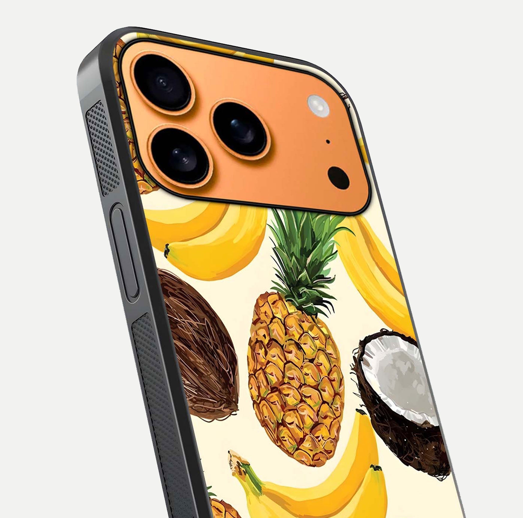 Tropical Fruit Mood Glass Case for iPhone 17 Pro Max close-up angled shot highlighting fruit texture and reflection