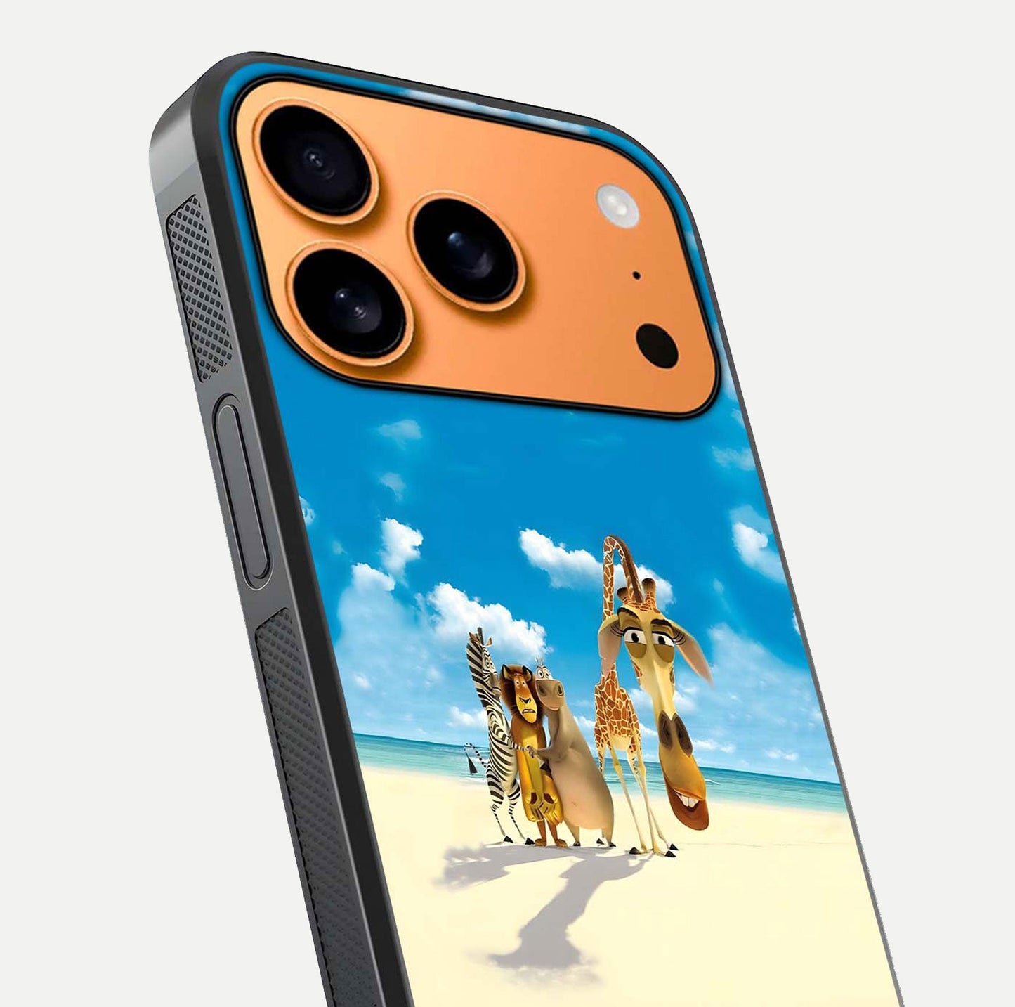 Tropical Fun Squad Glass Case for iPhone 17 Pro Max close-up angled shot highlighting vibrant tones and texture