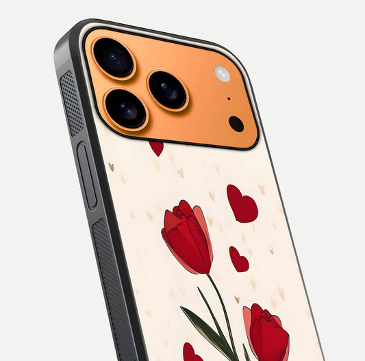 Tulip With Heart Glass Case for iPhone 17 Pro Max close-up angled shot highlighting petal details and reflection