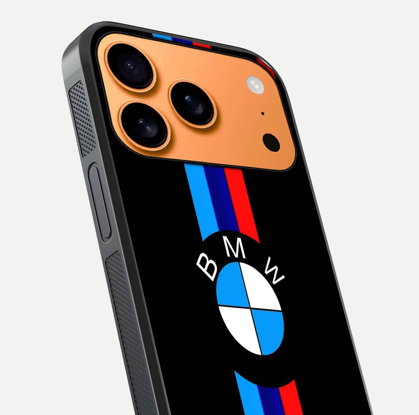 Turbo BMW Beast Glass Case for iPhone 17 Pro Max close-up angled shot highlighting car detailing and reflection