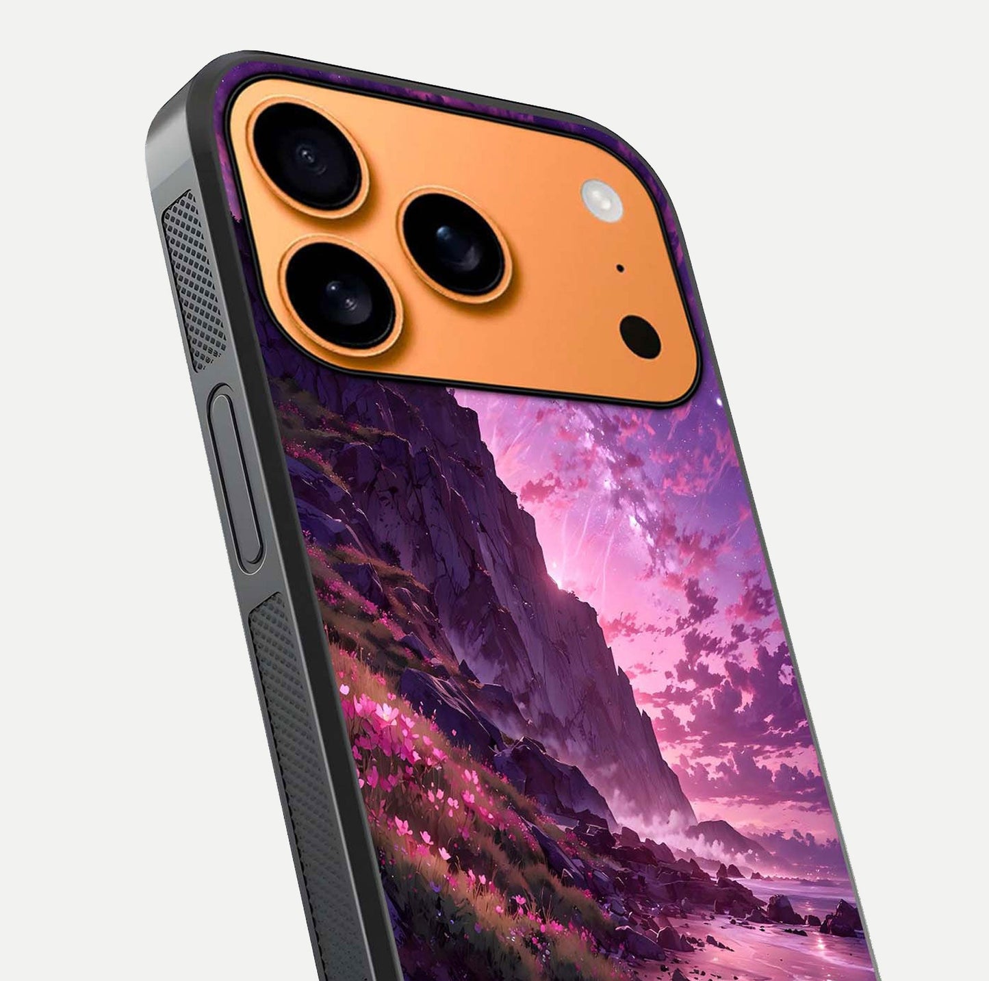 Twilight Blossom Coast Glass Case for iPhone 17 Pro Max close-up angled shot highlighting gradient sky and reflection