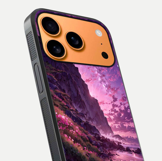 Twilight Blossom Coast Glass Case for iPhone 17 Pro Max close-up angled shot highlighting gradient sky and reflection