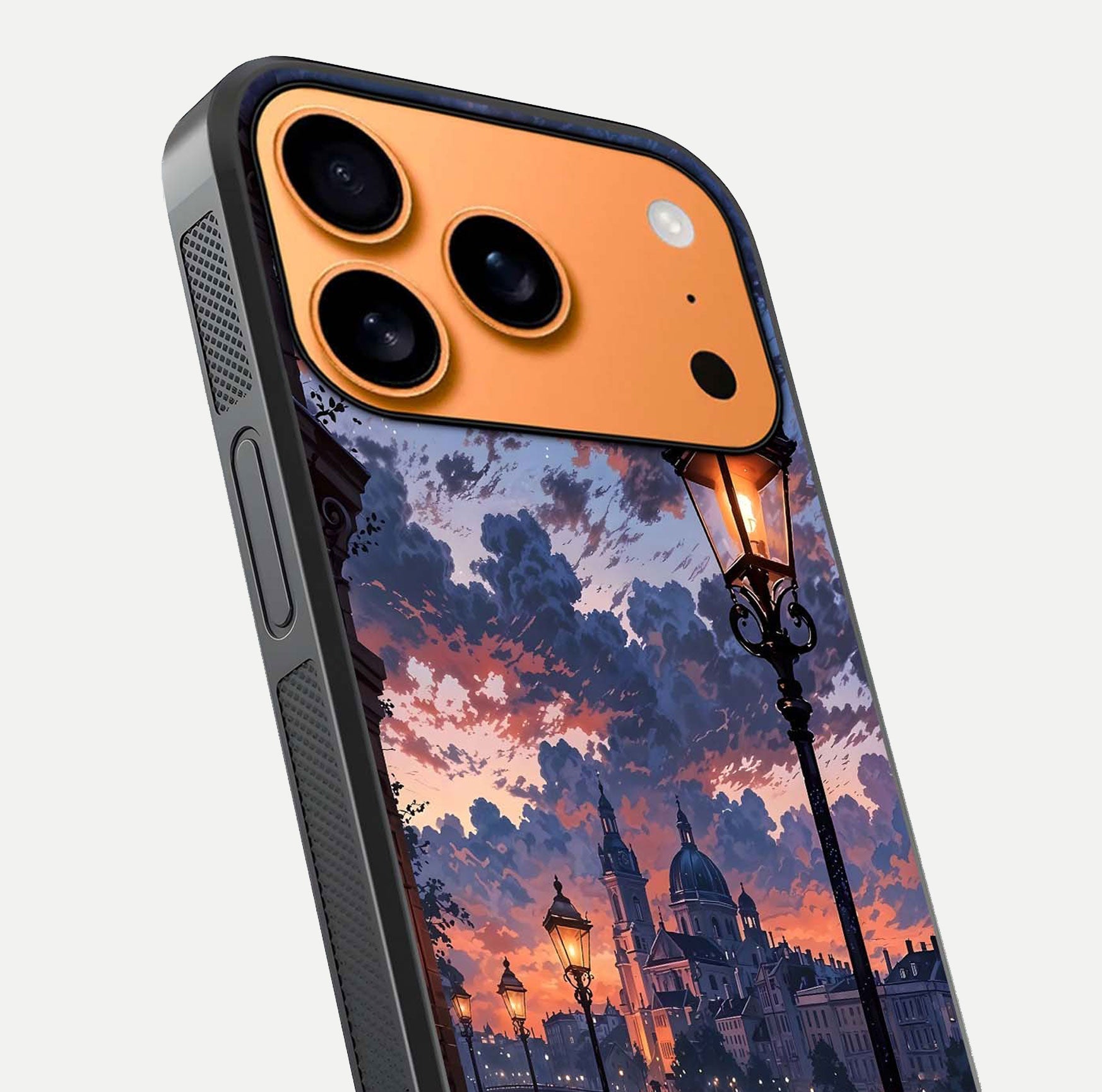 Twilight River Lights Glass Case for iPhone 17 Pro Max close-up angled shot highlighting river reflections and color tones