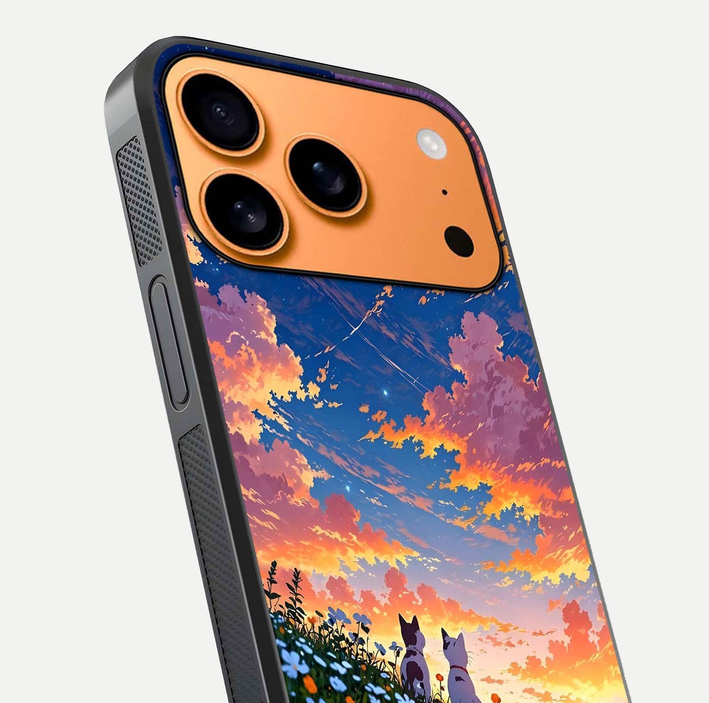 Two Cats Friends Glass Case for iPhone 17 Pro Max close-up angled shot highlighting cat illustrations and soft reflection