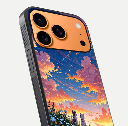 Two Cats Friends Glass Case for iPhone 17 Pro Max close-up angled shot highlighting cat illustrations and soft reflection