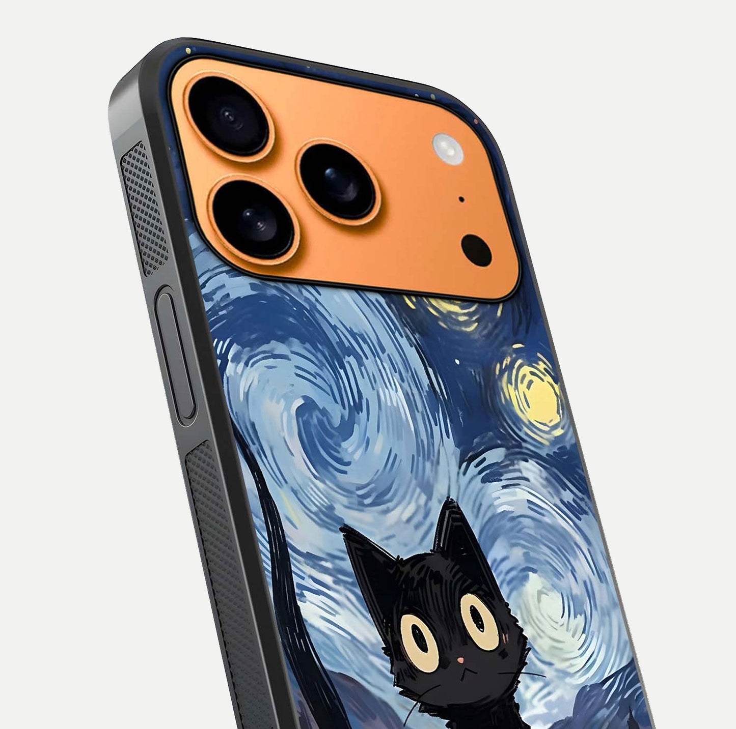 Van Gogh Cat Glass Case for iPhone 17 Pro Max close-up angled shot highlighting brushstroke texture and reflection