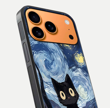Van Gogh Cat Glass Case for iPhone 17 Pro Max close-up angled shot highlighting brushstroke texture and reflection
