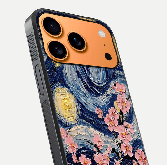 Van Gogh Scenery Glass Case for iPhone 17 Pro Max close-up angled shot highlighting brushwork texture and color depth
