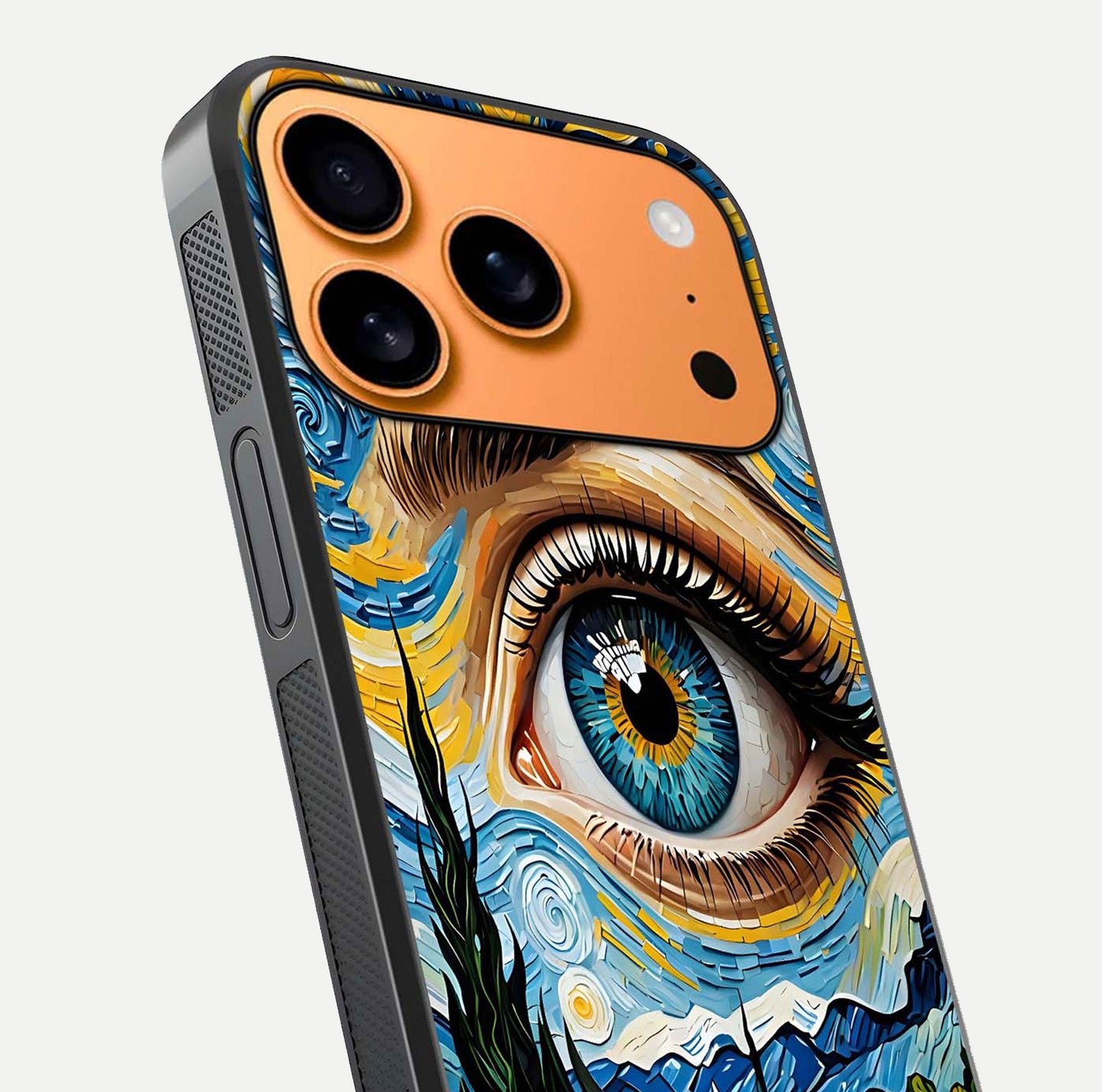 Van Gogh Eye Glass Case for iPhone 17 Pro Max close-up angled shot highlighting color blend and gloss reflection