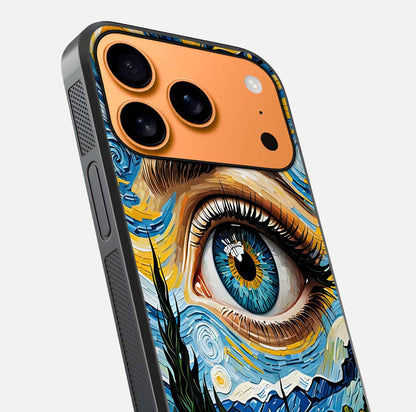 Van Gogh Eye Glass Case for iPhone 17 Pro Max close-up angled shot highlighting color blend and gloss reflection