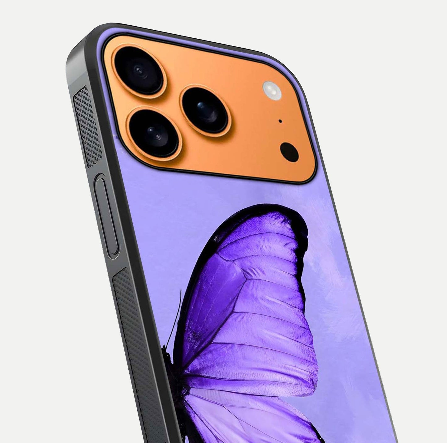 Violet Dream Wing Glass Case for iPhone 17 Pro Max close-up angled shot highlighting wing texture and reflection