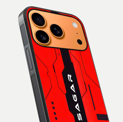 Voltage Rise CYBERPUNK Custom Name Glass Case for iPhone 17 Pro Max close-up angled shot highlighting neon glow and reflection