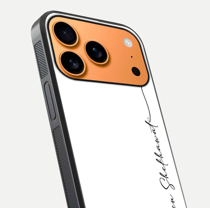 White Tune Custom Name Glass Case for iPhone 17 Pro Max close-up angled shot highlighting gloss reflection and texture