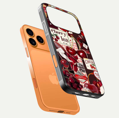 Aesthetic Cherry Tea Glass Case for iPhone 17 Pro Max floating dual-view mockup showing edge design and detailed cherry pattern gloss texture