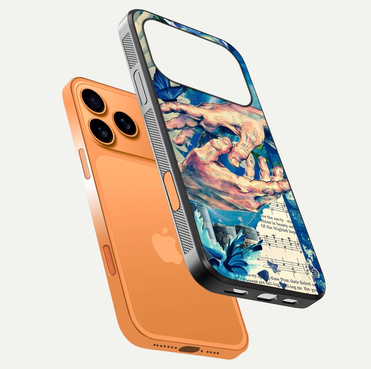 Aesthetic Divider Glass Case for iPhone 17 Pro Max floating dual-view mockup showing edge design and detailed divider gloss texture