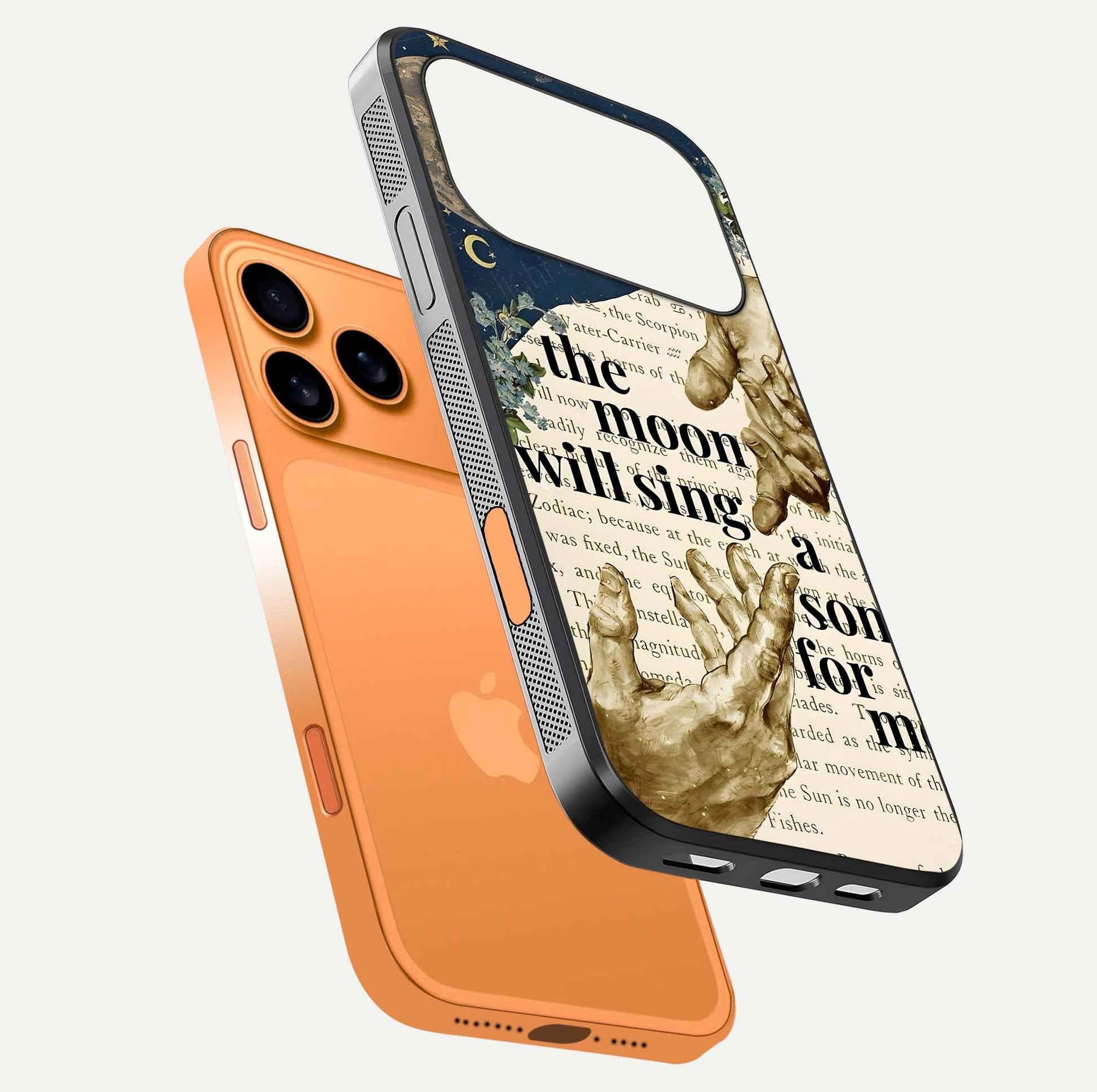 Aesthetic Divine Glass Case for iPhone 17 Pro Max floating dual-view mockup showing edge design and divine art gloss texture