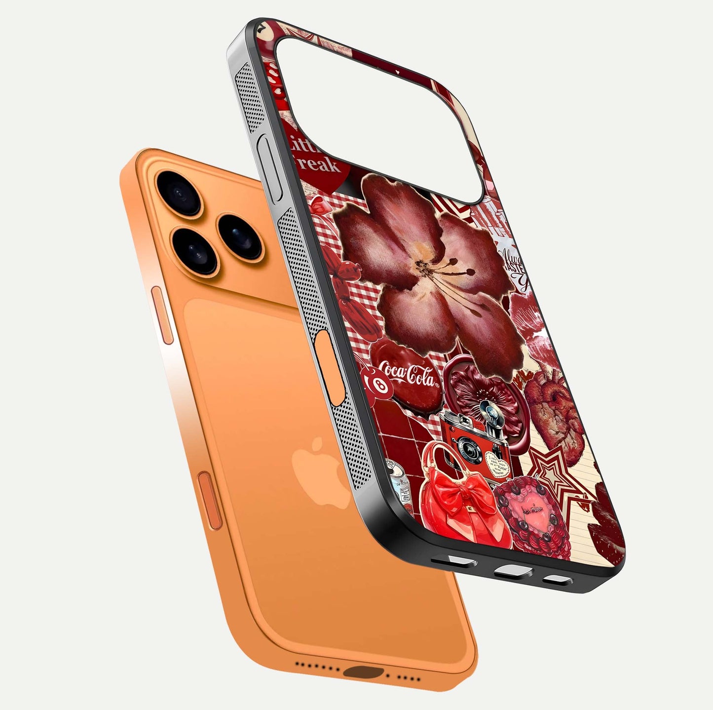 Aesthetic Little Freak Glass Case for iPhone 17 Pro Max floating dual-view mockup showing edge design and detailed collage gloss texture