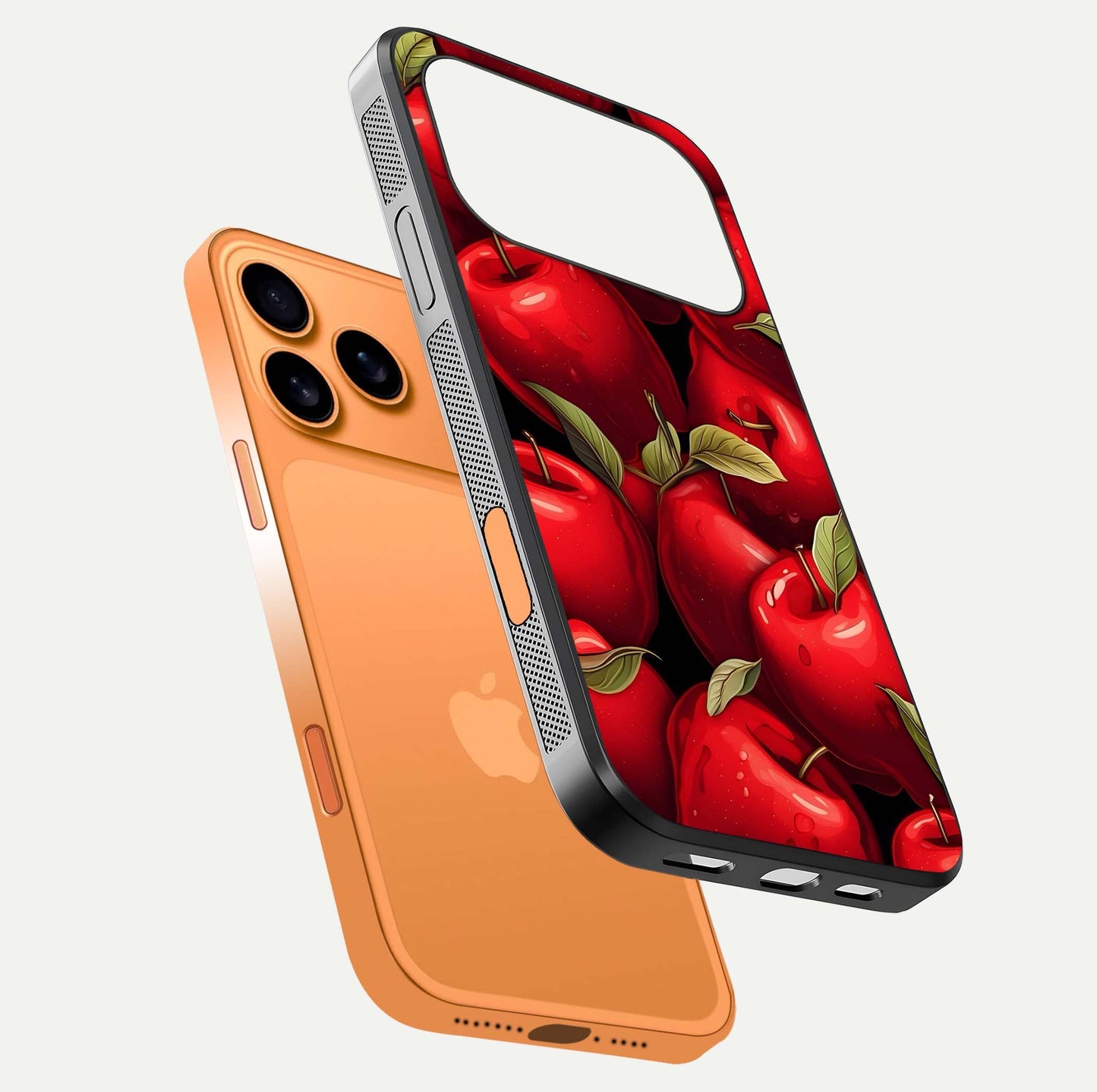 Apple Pattern Glass Case for iPhone 17 Pro Max floating mockup with smooth edge detailing and pattern clarity
