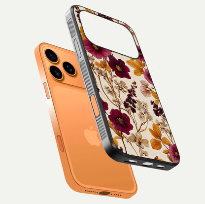 Autumn Wine Bloom Glass Case for iPhone 17 Pro Max floating mockup with premium floral gradient and protection edge