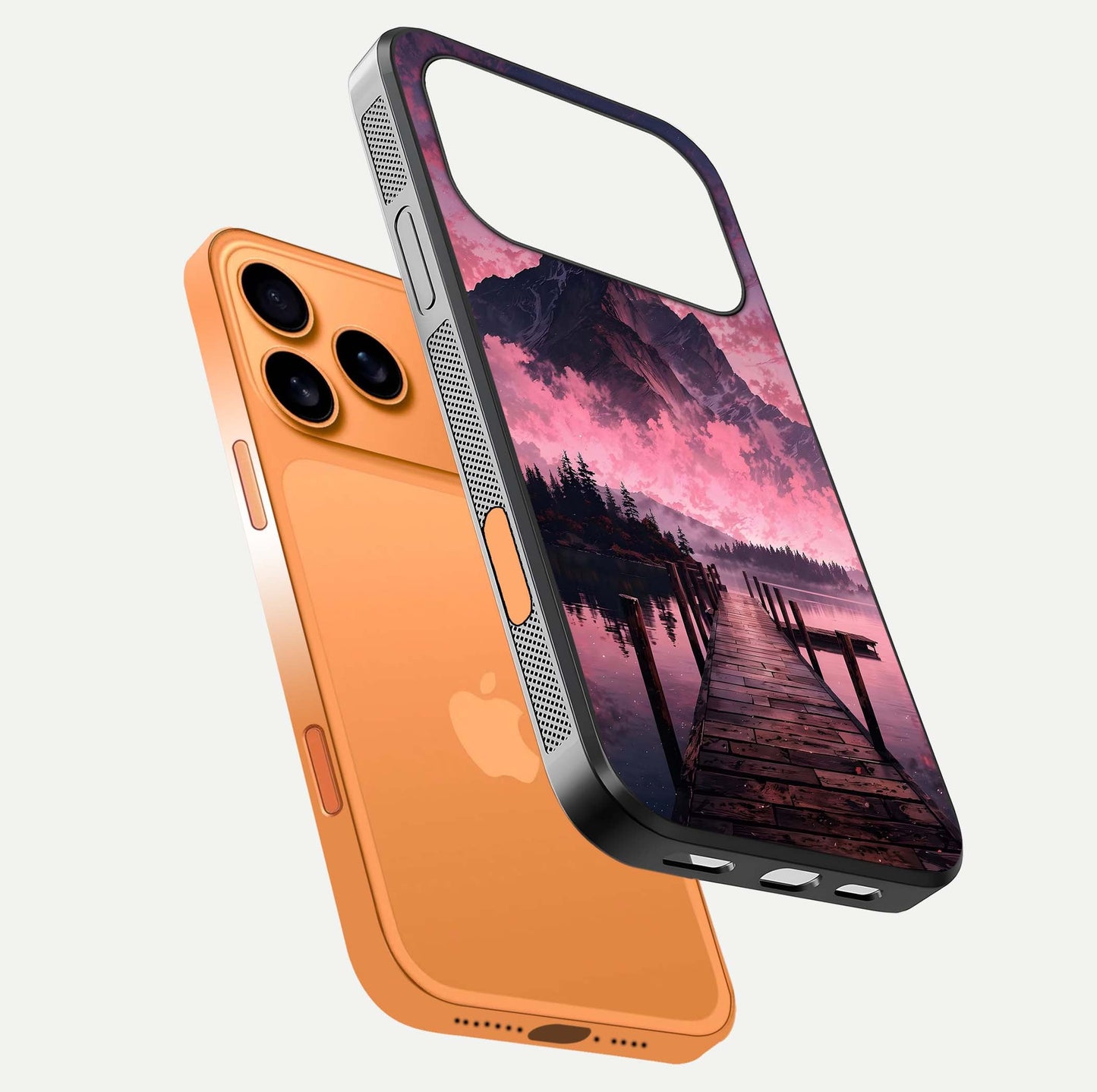 Beautyful Mountain View Glass Case for iPhone 17 Pro Max floating dual mockup showing edges and reflective sky print