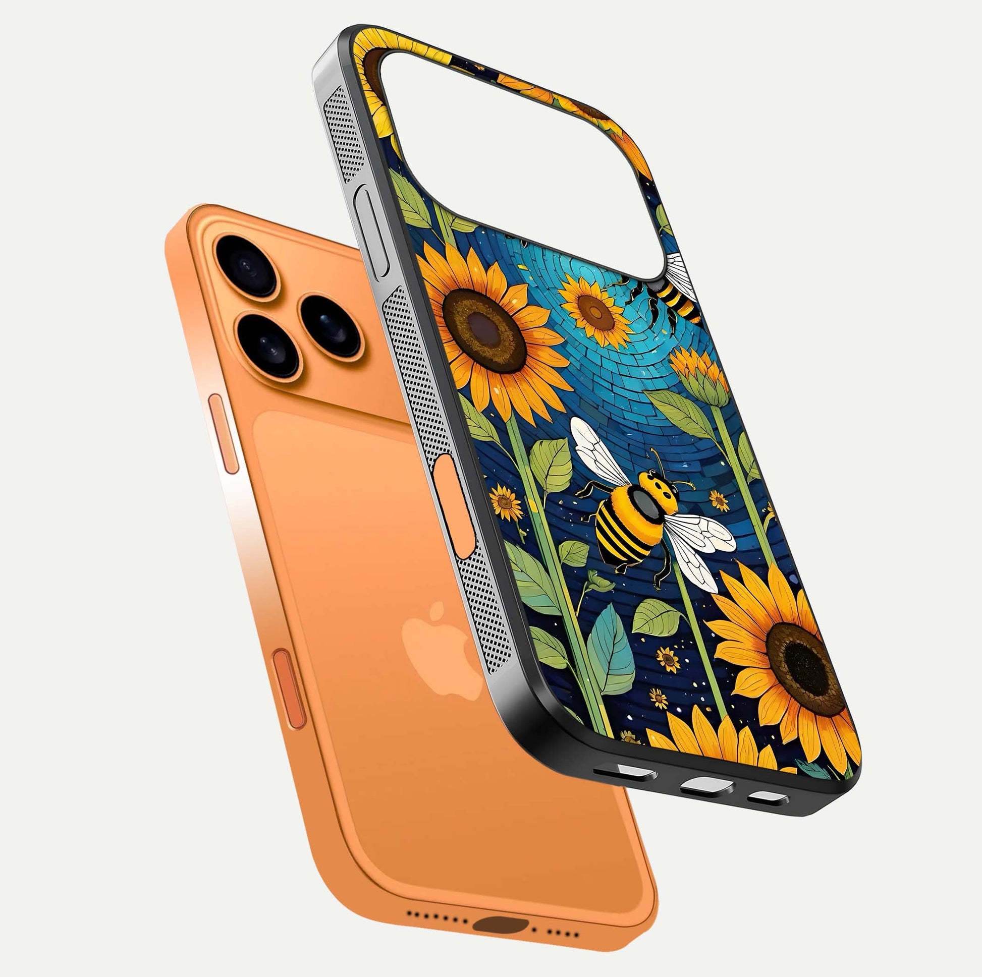 Bees & Sunflowers Glass Case for iPhone 17 Pro Max floating dual-view mockup displaying vibrant yellow tones and gloss texture