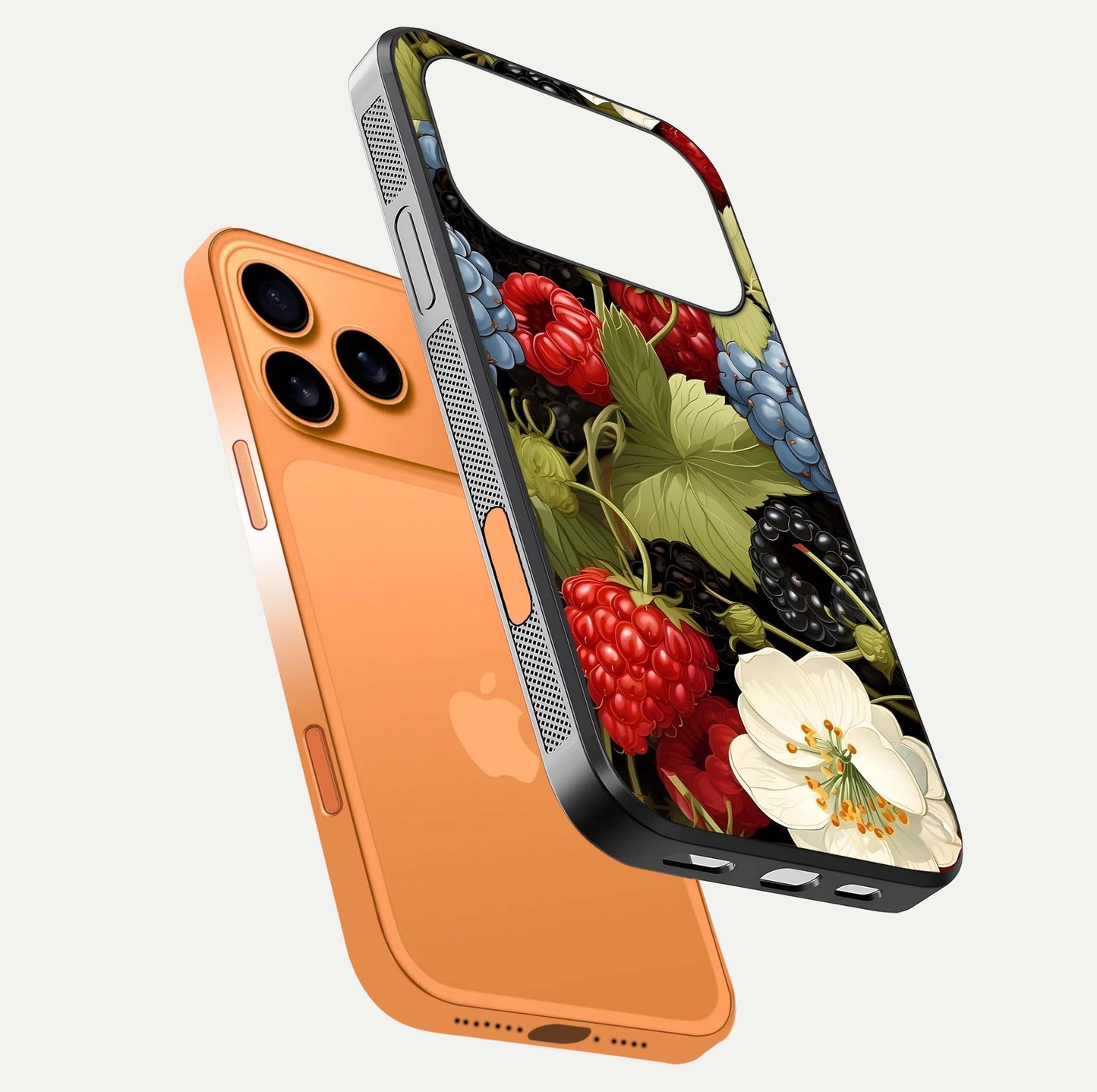 Berry Bloom Charm Glass Case for iPhone 17 Pro Max floating mockup capturing glossy reflection and curved-edge finish