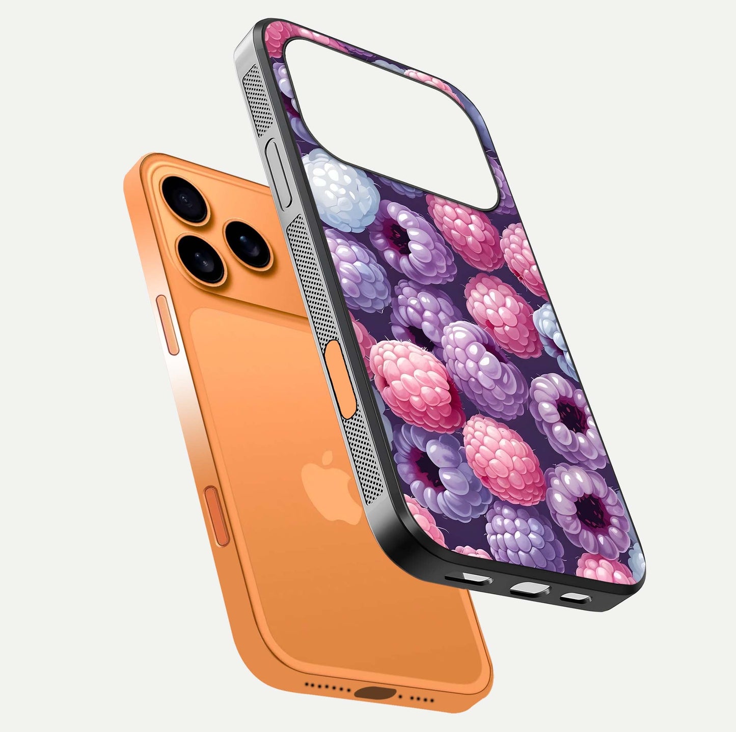 Berry Candy Pop Glass Case for iPhone 17 Pro Max floating dual-view mockup highlighting gloss shine and curved edges