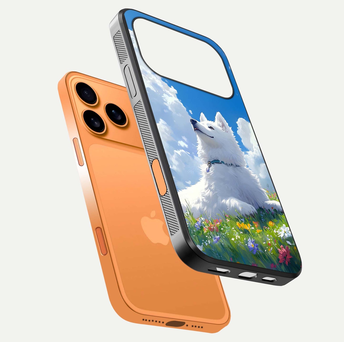 Blissful Cloud Pup Glass Case for iPhone 17 Pro Max floating mockup capturing playful aesthetic and gloss finish