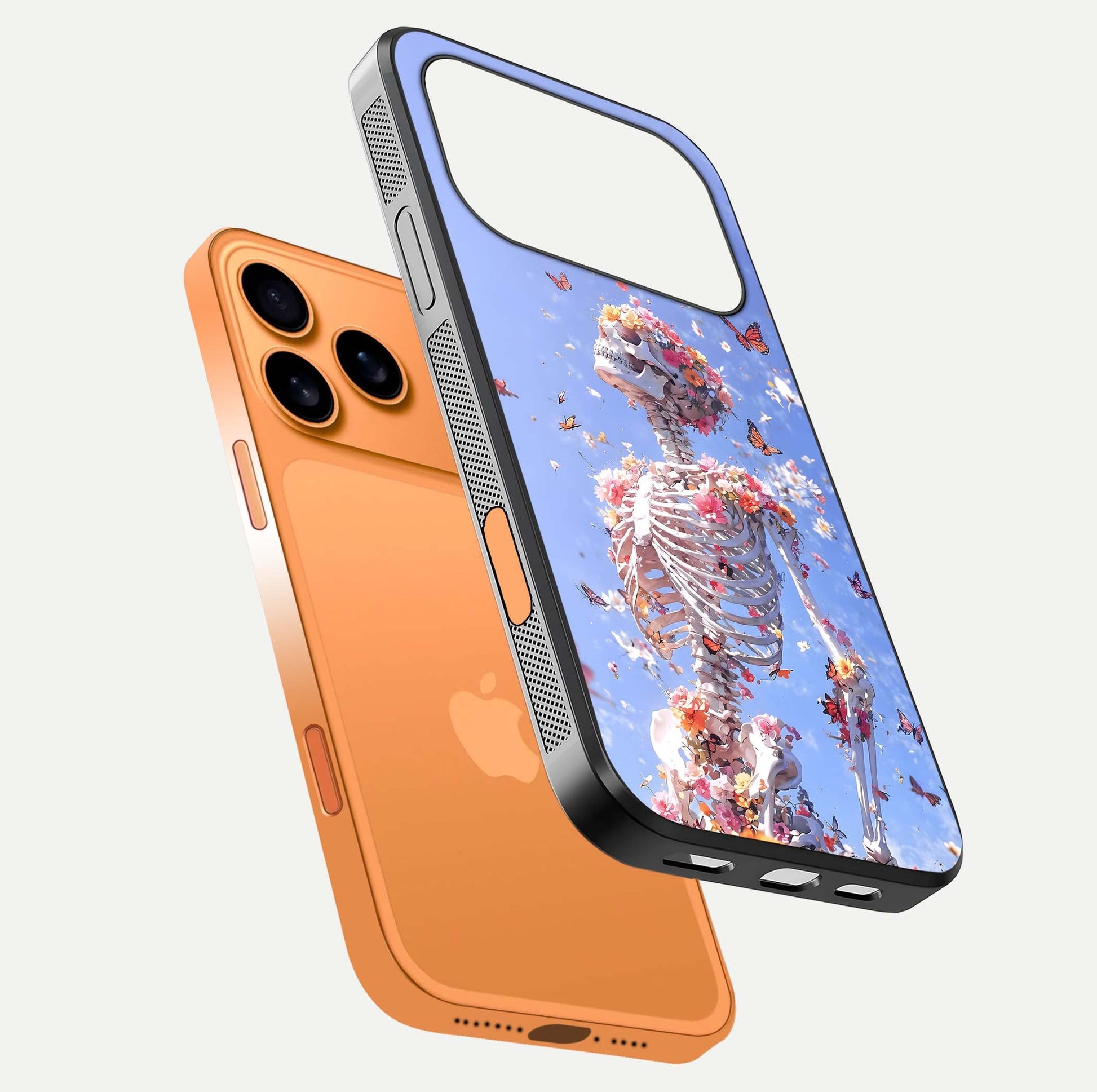 Bloom Beyond Bones Glass Case for iPhone 17 Pro Max floating mockup displaying shine, texture, and gloss detail