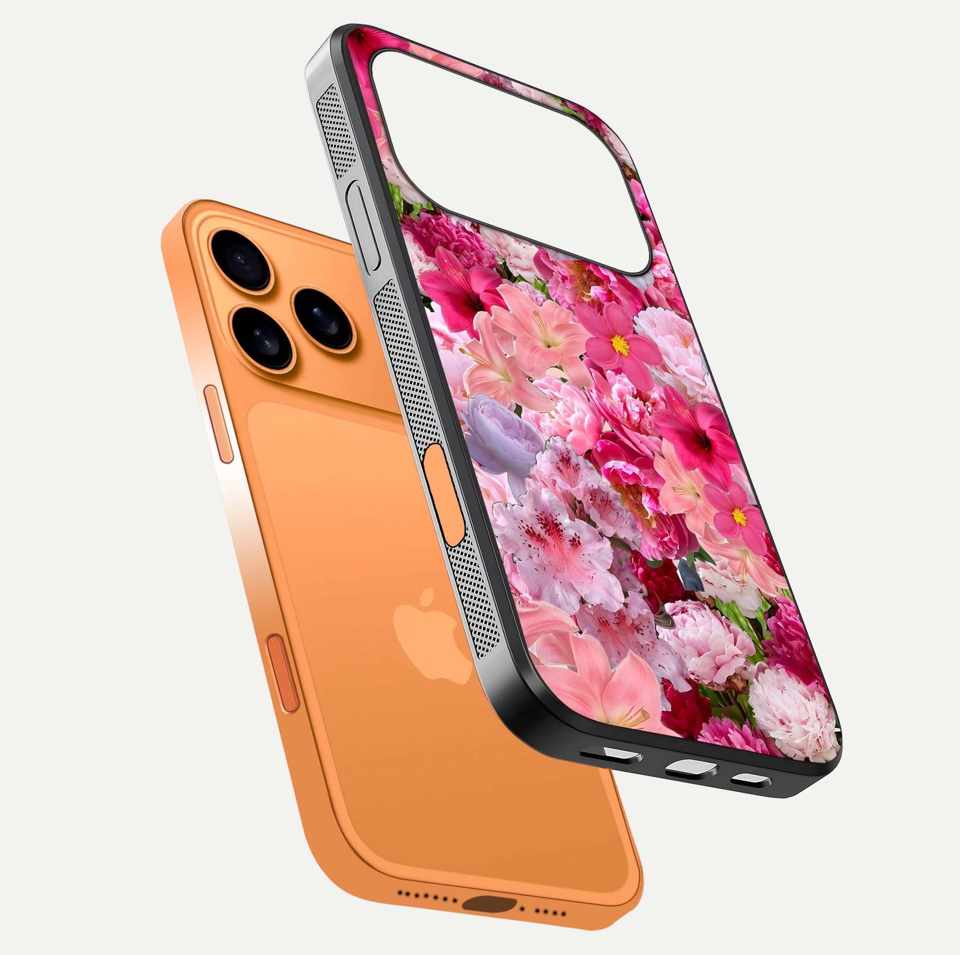 Bloom Crush Fantasy Glass Case for iPhone 17 Pro Max floating mockup showing floral pattern clarity and HD glass